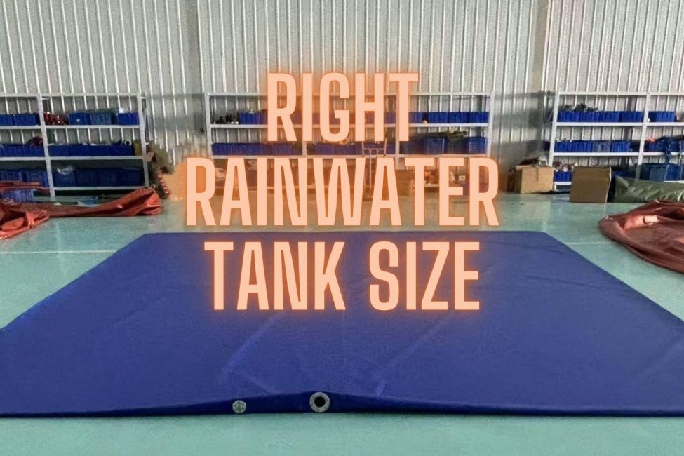 Empty flexible rainwater storage tank laid flat at the factory